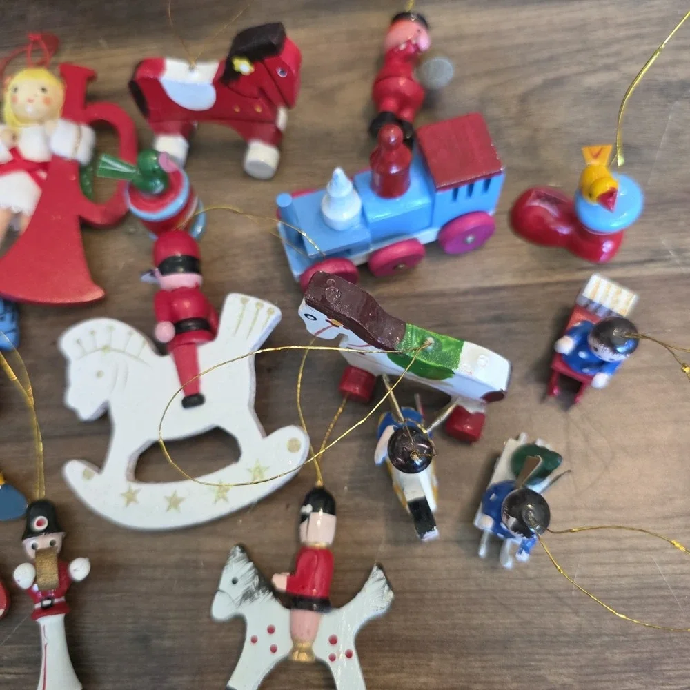 Wooden Christmas Tree Ornaments Lot of 14 Angel Train Toy Soldiers Sleigh Horses